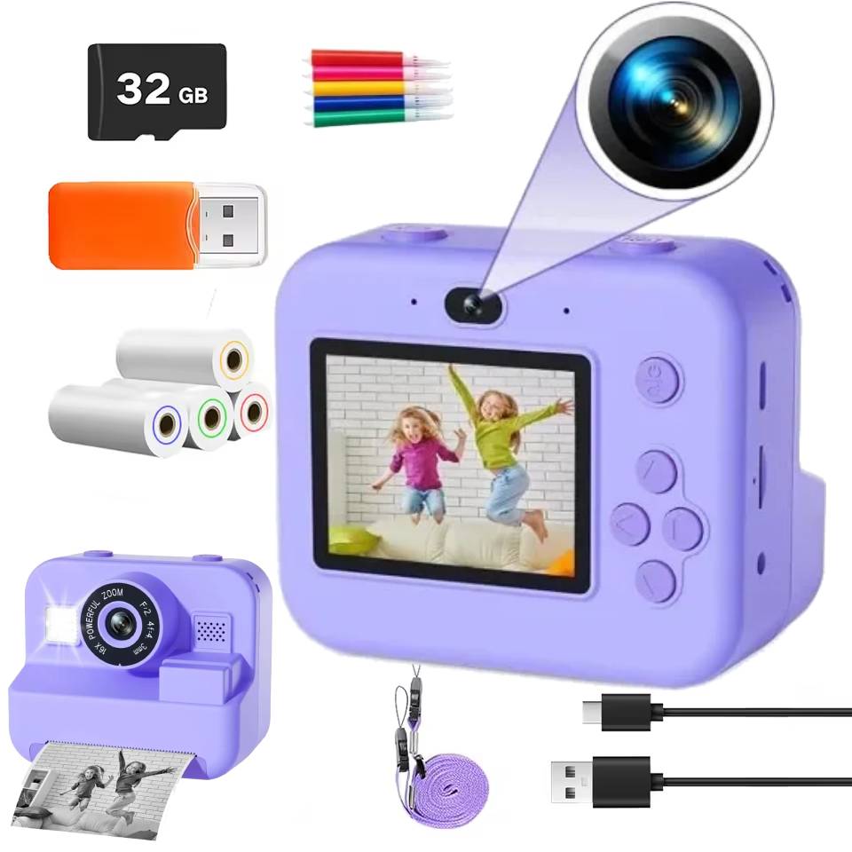 Kids Educational Videos - กล้องวิดีโอดิจิตอลขนาดเล็กสำหรับเด็ก 1080P สำหรับการเรียนรู้พัฒนาการเด็ก กล้องถ่ายภาพความร้อนพร้อมพิมพ์ภาพทันที พร้อมการ์ด 32G