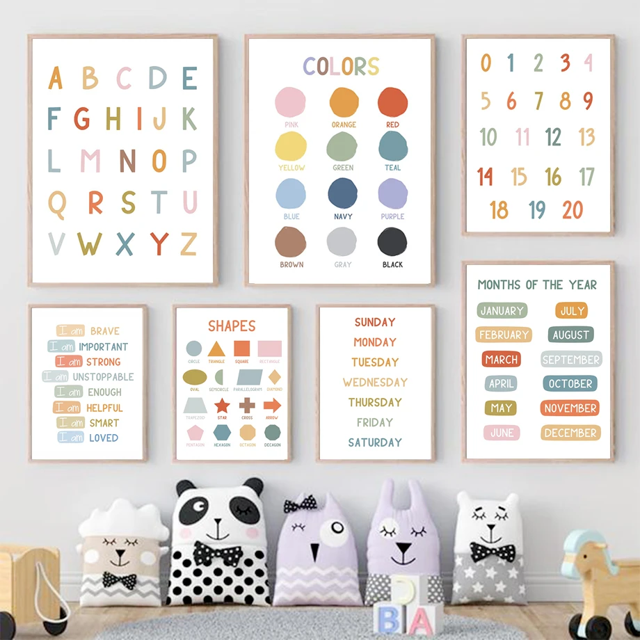 English Kids Education - โปสเตอร์การศึกษาภาษาอังกฤษ ตัวอักษร ตัวเลข สี รูปทรง ภาพพิมพ์ศิลปะติดผนัง